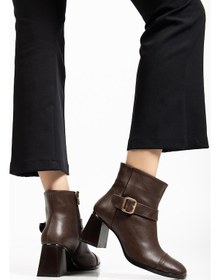 Resim Tpu Taban Kemer Toka Detaylı Fermuarlı Kadın Kahve Cilt Topuklu Bot Tbmr0162 Kahve Cilt 