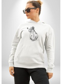 Resim Astronot Gök Taşı Yavarlarken Kadın Erkek Beyaz Kapüşonlu Sweatshirt Hoodie Beyaz 