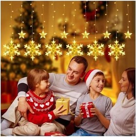 Resim Kar Tanesi Saçak LED Perde Işık, 3 Farklı Işık Modu, 3 Metre Uzunluğunda, 126 LED’li Sarı Işık, 6 Adet Kar Tanesi 6 Adet Yıldız, Su Geçirmez, Dekorasyon Noel Yılbaşı İçin Saçak LED Yılbaşı Perde Işık 