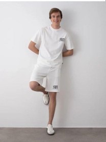 Resim Erkek Çocuk 1983 Yazılı Pamuklu Oversize T-shirt Şortlu Takım-15797 Ekru 