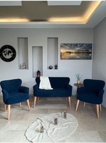 Resim Azra Mobilya Azra Aksesuar Çay Seti Oturma Grubu, Puffy Kumaş, Koltuk Takımı, Ahşap Ayak, Balkon Bahçe Mobilyası Mavi 