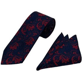Resim Brianze Lacivert Kırmızı Motif Desen Kravat Mendil Set Lacivert 