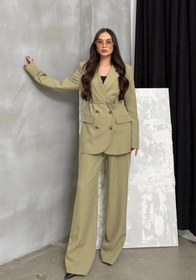 Resim buqre's moda Kadın İkili Blazer Ceket Pantolon Takım Aksesuar Gül ve Düğme Detaylı Bol Paça 