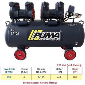 Resim Puma PSLYH100-4M 4HP Yüksek Verimli Yağsız Kompresör100 L 