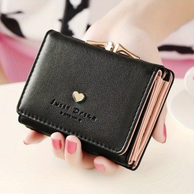 Resim Kadın Kalp Dekorlu Kısa Cüzdan, Düz Renkli Bozuk Para Cüzdanı, Rahat Üç Katlı Kredi Kartı Kılıfı 