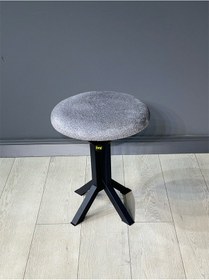 Resim Tabure Gri Puffy Bukle Kumaş Puf Makyaj Masası Sandalyesi Metal 