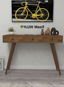 Resim WOODFACE Masif Ahşap Makyaj Masası 110x90 3 Çekmeceli Siyah Doğal Ahşap Dresuar Vestiyer Raf 