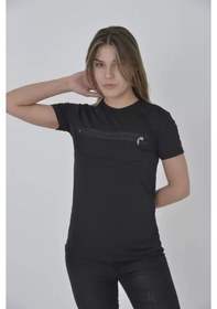 Resim Ge Ticaret Göğüste Fermuar Aksesuarlı Dar Kalıp T-shirt - Siyah SIYAH 