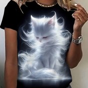 Resim Şık Kadın Kedi Grafikli T-Shirt - Zarif Yuvarlak Yaka, Kısa Kollu, Hafif Polyester Üst, Gizemli Beyaz Kedi Tasarımı, Günlük veya Resmi Durumlar İçin Mükemmel, Bayan T-Shirt'ler 