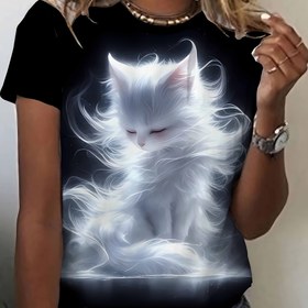 Resim Şık Kadın Kedi Grafikli T-Shirt - Zarif Yuvarlak Yaka, Kısa Kollu, Hafif Polyester Üst, Gizemli Beyaz Kedi Tasarımı, Günlük veya Resmi Durumlar İçin Mükemmel, Bayan T-Shirt'ler 