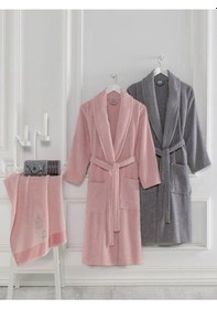 Resim Aile Bornoz Seti Havlulu 4lü Set Pudra Antrasit Pudra - Antrasit 