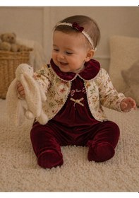 Resim Babyhola Kadife Patikli Kız Bebek Tulum 0-12 Ay Retro Ceketli Görünümlü Hediyelik Nostaljik Bayramlık 13433 Bordo 