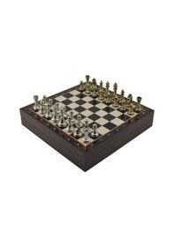 Resim Gifthome Orta Boy Parlak Metal Klasik Satranç Takımı Ve Ceviz Desenli Sandıklı Mdf Tahtası 30x30x6 Cm. 
