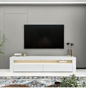 Resim Batı LED Işıklı 2 Kapaklı TV Sehpası - 150 cm - Minimal Tasarım, Parlak Beyaz 