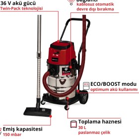 Resim Einhell TP-VC 36/30 S Auto - Solo, Akülü Islak/Kuru Süpürge (Akü ve şarj cihazı dahil değildir) - 2347143 