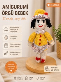 Resim ELUNE İSTANBUL & MILANO El Yapımı Amigurumi Örgü Bebek - Sarı Şapkalı Tasarım Dekoratif Oyuncak 