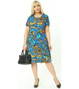 Resim Melsay Butik Turkuaz Desen Kısa Kollu Büyük Beden Midi Elbise Turkuaz 