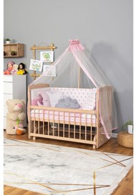 Resim Ahşap Beşik Anne Yanı Beşik Organik Boyasız 60x120-pembe Yıldız 3 Yastık Uyku Seti + Yatak Ahşap 