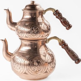 Resim Dmt Gaziantep Bakır Çaydanlık Takımı Ağır El İşlemeli Alt:14,5cm Üst:10,5cm Toplam:2,6 Lt Ahşap Kulp Bakır 