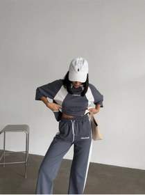 Resim Oversize Yazı Detaylı Unisex Eşofman Takımı Yüksek Bel, Dijital Baskı, Rahat Kesim Gri 