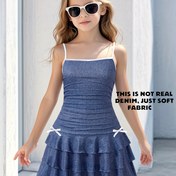 Resim Kız Çocukları İçin Sahte Kot Stil Ruffle Kollu Elbise - Yumuşak Kumaş, Makinede Yıkanabilir, Açık Mavi Çizgili Desen, Bahar/Yaz/Sonbahar İçin Mükemmel, Rahat Semi-Formel Giyim, Kız Çocukları İçin Elbiseler, Bahar Yaz Elbisesi, Zarif Elbise, Orta Esneklikli Kumaş 