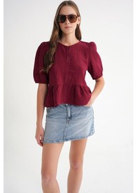 Resim Mixray 4713 Kadın Beli Büzgülü Kolu Lastikli Bol Müslin Bluz Bordo 