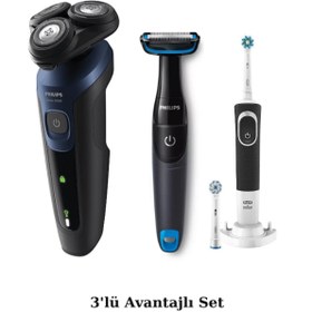 Resim Philips S5445 Islak\u002FKuru Sinek Kaydı Tıraş Makinesi - Banyo Vücut Tıraş - Oral-B Diş Fırçası 3'lü Set 