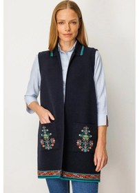 Resim Desen Triko Polo Yaka Etek Ucu Kilim Desenli Uzun Kadın Yün Yelek 25055 Lacivert 