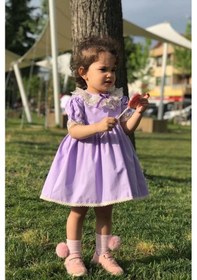 Resim Dantel Yaka Kurdele Detaylı Özel Tasarım Lila Kız Çocuk Bebek Elbise 001 