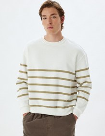 Resim Koton Oversize Sweatshirt Bisiklet Yaka Çizgili Pamuk Karışımlı Bej Çizgili 5wam70105mk Ekru 