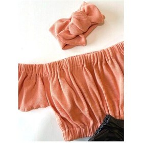 Resim Özge Başaran Çocuk, Likralı Deri Fiyonk Detaylı Pantolon, Somon Rengi Straplez Crop Bluz Ve Saç Pembe 