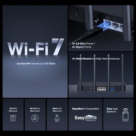 Resim Mercusys MR27BE; BE3600 Mbps, Fiber Destekli, 2× 2.5 Gbps WAN&LAN Port + 2× Gbps Port, Easy Mesh Uyumlu, Dual-Band Wi-Fi 7 Router 