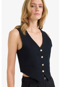 Resim DeFacto Crop V Yaka Keten Karışımlı Blazer Siyah Yelek C7798AX25SMBK81 