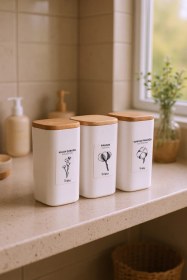 Resim Luvo Beyaz - 3'lü Kare Ahşap Vakum Kapaklı Banyo Düzenleyici Plastik Banyo Seti Etiketli Organizer Beyaz 