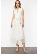 Resim Ekol Kadın V Yaka Zincir Kemerli Elbise 4084 Ekru 