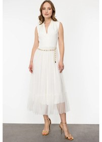 Resim Ekol Kadın V Yaka Zincir Kemerli Elbise 4084 Ekru 