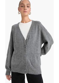 Resim Defacto Oversize Geniş Kalıp V Yaka Yumuşak Dokulu Düğmeli Hırka F2902ax25wngr348 Gri 