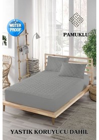 Resim Mona Verde Renkli Sıvı Geçirmez Lastikli Çift Kişilik Çarşaf Yastık Alezi (Toplam 3 Parça) %100 Pamuk Kapitoneli MNVCKAPFIT00 Gri ÇK 