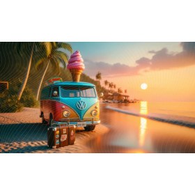 Resim Venspor Renkli Karavan ve Palmiye Ağaçları ile Gün Batımı Temalı Arkaplan 200 x 150 cm Fon Duvar Örtüsü 