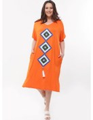 Resim Kadın Büyük Beden Örgü Detaylı Turuncu Elbise Turuncu 