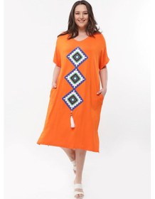Resim Kadın Büyük Beden Örgü Detaylı Turuncu Elbise Turuncu 