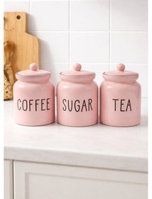 Resim Dekorasyaa 3'lü Seramik Çay - Kahve - Şeker Kapaklı Kavanoz Seti - Pembe Pembe 