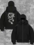 Resim Kadınların Şık Beyaz Ejderha Totem Kapüşonu - Fermuarlı, Siyah, İncelikli Tasarımıyla Rahat Fleece Pullover, Günlük ve Rahat Giyim İçin Uygun, Günlük Giyim Kapüşonu | Totem Grafik Kapüşonu | Fermuarlı Kapüşonu 