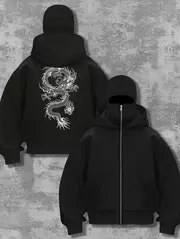 Resim Kadınların Şık Beyaz Ejderha Totem Kapüşonu - Fermuarlı, Siyah, İncelikli Tasarımıyla Rahat Fleece Pullover, Günlük ve Rahat Giyim İçin Uygun, Günlük Giyim Kapüşonu | Totem Grafik Kapüşonu | Fermuarlı Kapüşonu 