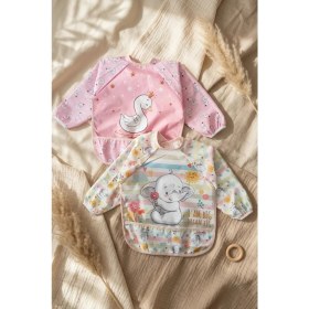 Resim Babydonat 2'li Paket Sıvı Geçirmez Uzun Kollu Mama Önlüğü 6-24 Ay - Blw Uyumlu Leke Tutmaz Kırıntı Cepli Bebek Önlüğü Kuğu Pembe Fil Desenli 
