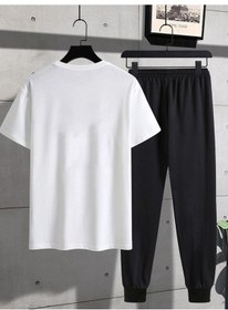 Resim Stay Beyaz T-shirt Siyah Eşofman Altı Jogger - Baskılı Alt Üst Eşofman Takım Oversize Bisiklet Yaka Beyaz Siyah 