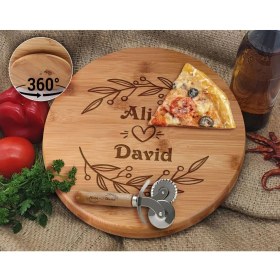 Resim Bk Gift Kişiye Özel Isimli Bambu Ahşap Döner Tablalı Pizza Tahtası-10, Pizza Kesme Tahtası Seti, Şarküteri Tahtası, Servis Tepsisi, Ahşap Tabak, Eve Taşınma Hediyesi 