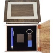 Resim Özel Ahşap Kutulu Lacivert Kalem Anahtarlık ve Çakmak Set 