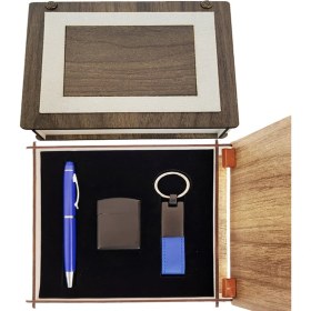 Resim Özel Ahşap Kutulu Lacivert Kalem Anahtarlık ve Çakmak Set 