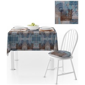 Resim Patchwork Desenli Motifli Mavi Lacivert Runner Dijital Baskılı Petek Dokuma Masa Örtüsü 140x180 